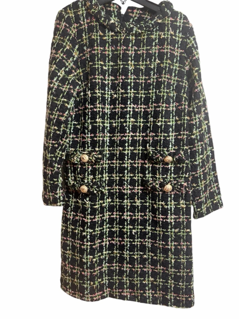 Tweed Plaid Hooded Coat Dress in Black with Lime & Pink Accents Sz M Women - Picture 3 of 8